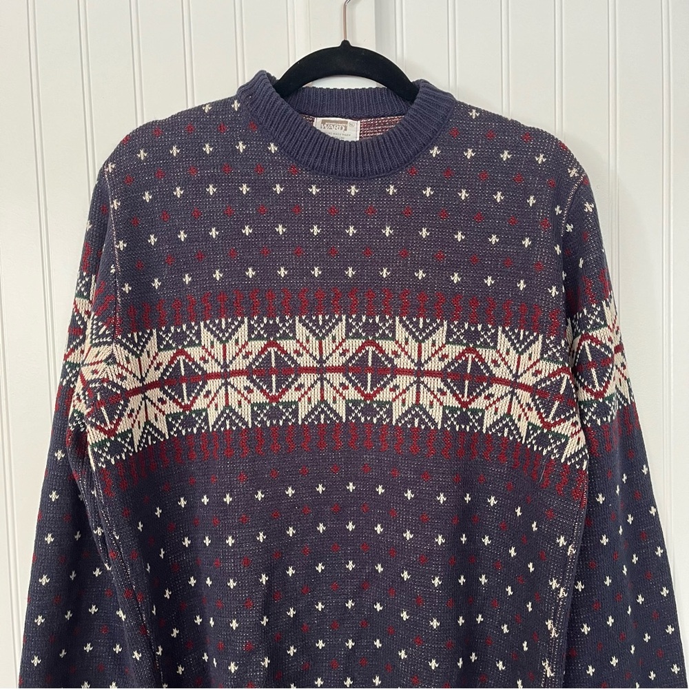 Vintage Mens Crewneck Sweater Snowflake Pattern Ski Knit Navy Blue Maroon Large